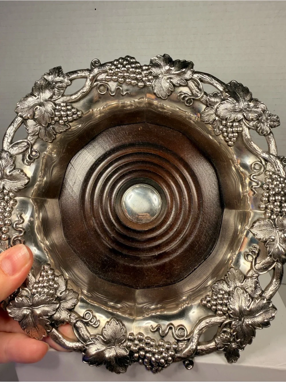 Corbell & Co Vintage Silver Plate Grape Motif Wine Bottle Coaster with Wood